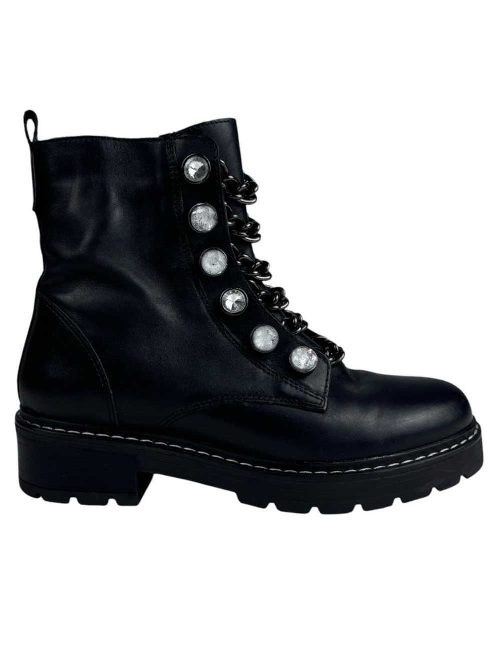 KURT GEIGER BAX BLACK CRYSTAL CHAIN LEATHER ZIP COMBAT MOTO BOOTS